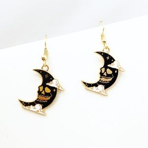 Earrings Crescent Moon Skull Face Man in the Moon Black Gold Goth Punk Biker